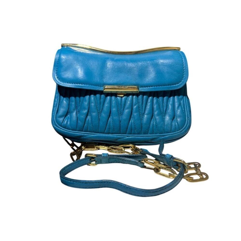 Miu Miu Turquoise Blue Leather Matelasse Chainlink Strap Clutch Crossbody Bag